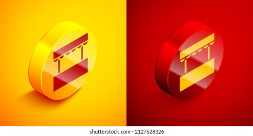 Isometric Ticket box office icon isolated on orange and red background. Ticket booth for the sale of tickets for attractions and sports. Circle button. Vector