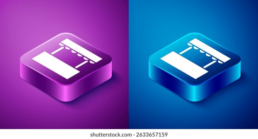 Isometric Ticket box office icon isolated on blue and purple background. Ticket booth for the sale of tickets for attractions and sports. Square button. Vector