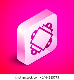 Isometric Ticket icon isolated on pink background. Amusement park. Silver square button. Vector Illustration