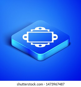 Isometric Ticket icon isolated on blue background. Amusement park. Blue square button. Vector Illustration