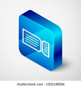 Isometric Ticket icon isolated on white background. Blue square button. Vector Illustration