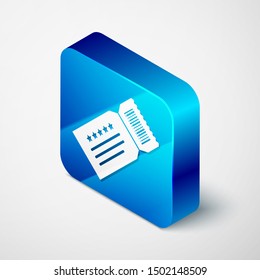 Isometric Ticket icon isolated on white background. Blue square button. Vector Illustration