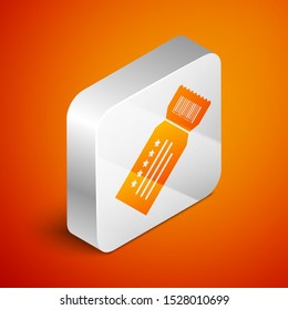 Isometric Ticket icon isolated on orange background. Silver square button. Vector Illustration