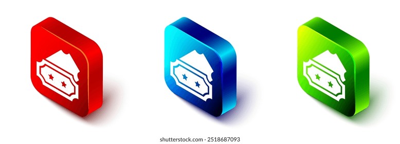 Icono isométrico del boleto aislado en el fondo blanco. Parque de atracciones. Botón cuadrado rojo, azul y verde. Vector