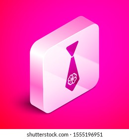 Isometric Tie with four leaf clover icon isolated on pink background. Necktie and neckcloth symbol. Happy Saint Patricks day. Silver square button. Vector Illustration