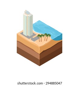 An isometric tile icon of a summer holiday vacation.
Summer vacation illustration Icon.
Hotel beach resort.