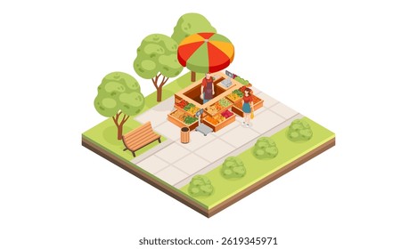 Diseño isométrico del parque de azulejos con soporte de mercado. Quiosco de comida con paraguas de colores. Urbana espacio verde con proveedor. Parque de la ciudad con servicio de comida. Ilustración vectorial aislada sobre fondo blanco.