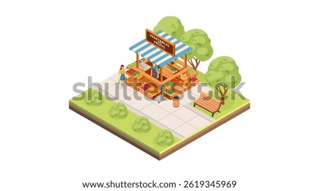 Isometric tile park layout with market stand. Food kiosk with blue and white awning. Urban green space with vendor. City park with food service. Vector illustration isolated on white background.