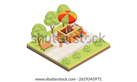 Isometric tile park layout with market stand. Food kiosk with colorful umbrella. Urban green space with vendor. City park with food service. Vector illustration isolated on white background.