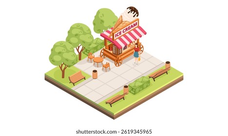Isometric tile park setting with ice cream stand. Food kiosk with cone-shaped topper. Green trees around paved area. Public benches for rest. Vector illustration isolated on white background.