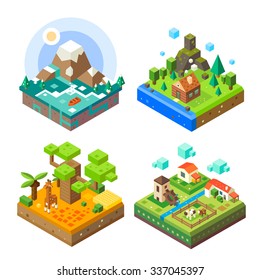 Isometric tile set: African tile with giraffe, countryside, mountain lake view, house in the woods. Flat vector stock set.  