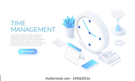 Isometric time management banner with character and text place. Job schedule optimization concept.