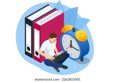 Isometric time management and business planning. Time is money. Deadline. Deadline concept of overworked man Time to work Time management project plan schedule.