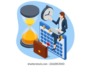 Isometric time management and business planning. Time is money. Deadline. Deadline concept of overworked woman, Time to work, Time management project plan schedule.