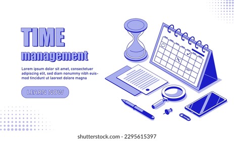 Isometric time management. Clock and calendar with notepad and magnifying glass. Organization of effective workflow. Landing page design. Planning schedule and meetings. Cartoon vector illustration