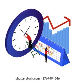 isometric time management concept. the man in red corrects the time of the blue clock. vector illustration isolated on white