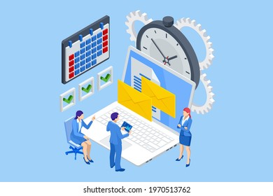 Isometric time management concept. Planning training activities schedule checkpoints. Event management, business management, e-commerce, time management.