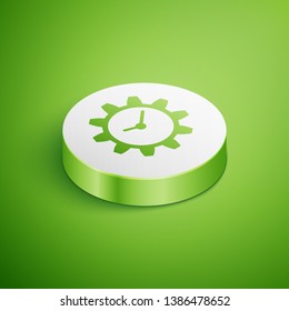 Isometric Time Management icon isolated on green background. Clock and gear sign. White circle button. Vector Illustration