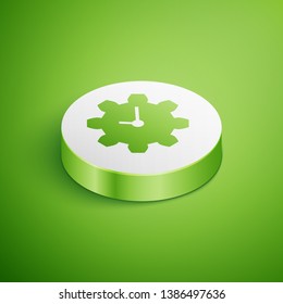Isometric Time Management icon isolated on green background. Clock and gear sign. Productivity symbol. White circle button. Vector Illustration