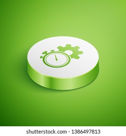 Isometric Time Management icon isolated on green background. Clock and gear sign. Productivity symbol. White circle button. Vector Illustration