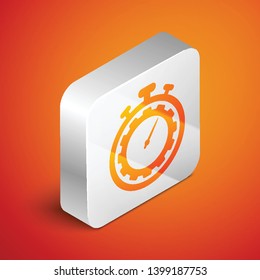 Isometric Time Management icon isolated on orange background. Clock and gear sign. Productivity symbol. Silver square button. Vector Illustration