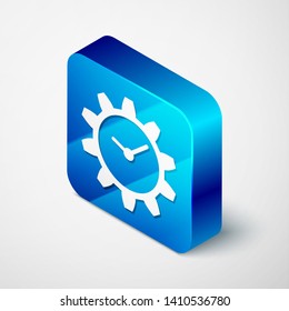 Isometric Time Management icon isolated on white background. Clock and gear sign. Blue square button. Vector Illustration