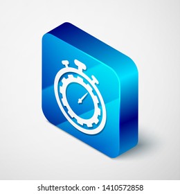 Isometric Time Management icon isolated on white background. Clock and gear sign. Productivity symbol. Blue square button. Vector Illustration