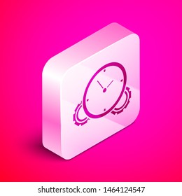 Isometric Time Management icon isolated on pink background. Clock and gear sign. Productivity symbol. Silver square button. Vector Illustration
