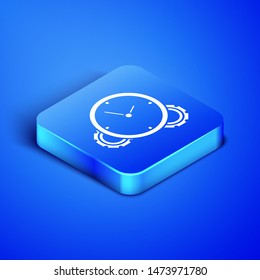 Isometric Time Management icon isolated on blue background. Clock and gear sign. Productivity symbol. Blue square button. Vector Illustration