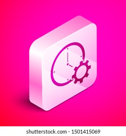 Isometric Time Management icon isolated on pink background. Clock and gear sign. Productivity symbol. Silver square button. Vector Illustration