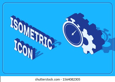 Isometric Time Management icon isolated on blue background. Clock and gear sign. Productivity symbol.  Vector Illustration