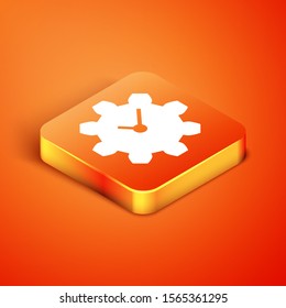 Isometric Time Management icon isolated on orange background. Clock and gear sign. Productivity symbol.  Vector Illustration
