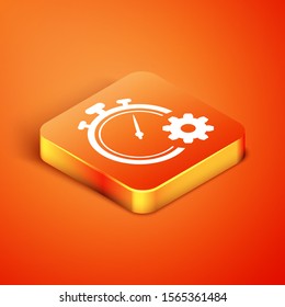 Isometric Time Management icon isolated on orange background. Clock and gear sign. Productivity symbol.  Vector Illustration