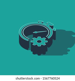 Isometric Time Management icon isolated on green background. Clock and gear sign. Productivity symbol.  Vector Illustration