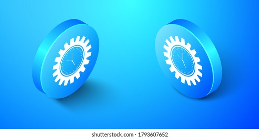 Isometric Time Management icono aislado en fondo azul. Señal de reloj y marcha. Símbolo de productividad. Botón de círculo azul. Vector.