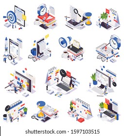 Isometric time management planning schedule icon set with notebook notes to do list task manager descriptions vector illustration
