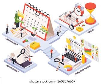 Isometric time management planning schedule icon set with deadline time and task management productivity analysis descriptions vector illustration