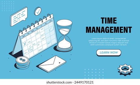 Isometric time management poster. Calendar near hourglass and golden coins. Organizing efficient work process, planning and scheduling. Landing webpage design. Cartoon 3D vector illustration