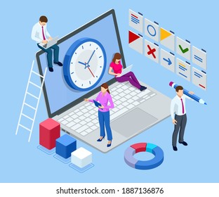 Isometric time management, quick reaction awakening and planning and strategy concept. Time management tool to organize work, office