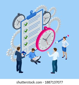 Isometric time management, quick reaction awakening and planning and strategy concept. Time management tool to organize work, office