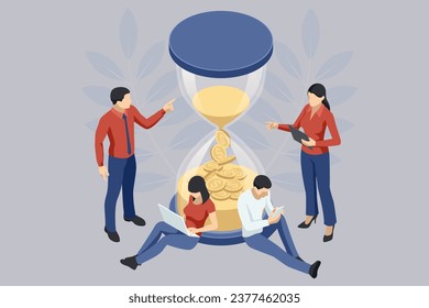 Isometric Time Management, Time-Saving Tips, Investment Strategies and Investment Opportunities concept. 