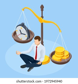 Isometric time is money concept. Money and time balance on scale. Financial investments, revenue increase, budget management, savings account.