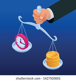 Isometric Time is Money concept. Concept save time, Money saving. Financial investments, revenue increase, budget management, savings account.