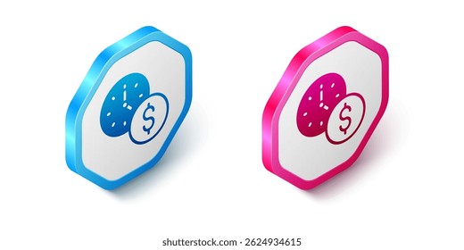 Isometric Time is money icon isolated on white background. Money is time. Effective time management. Convert time to money. Hexagon button. Vector