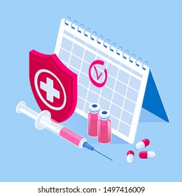 Isometric Time to vaccinate concept. Vaccine for influenza, measles, diphtheria, or rabies. Syringe with a vaccination calendar and doctors, bottle, and virus. Isometric Time to vaccinate concept. Vaccine for influenza, measles, diphtheria, or rabies. Syringe with a vaccination calendar and doctors, bottle, and virus.