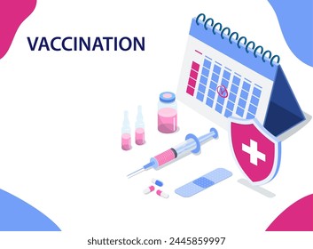 Isometric Time to vaccinate concept. Vaccine for influenza, measles, diphtheria, or rabies. Template with syringe. Protection campaign for immunity. Vector illustration in flat style.