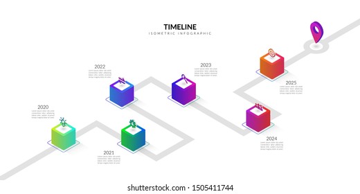 Isometric timeline business infographic, Colorful workflow graphic elements