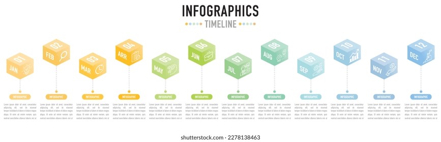 Isometric timeline infographic template or element as a vector with 12 months, option, process, step, colorful 3D cube, square, rectangle, for sale, planner slide, minimal modern simple style, 1 year