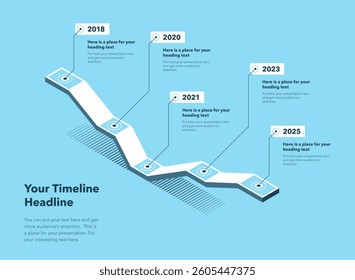 Isometric timeline infographic template with five steps - blue version. SImple chart design for workflow layout, diagram, banner, web design.