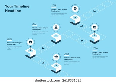Isometric timeline infographic template with five stages - blue version. Flat diagram for workflow layout, banner or web design.